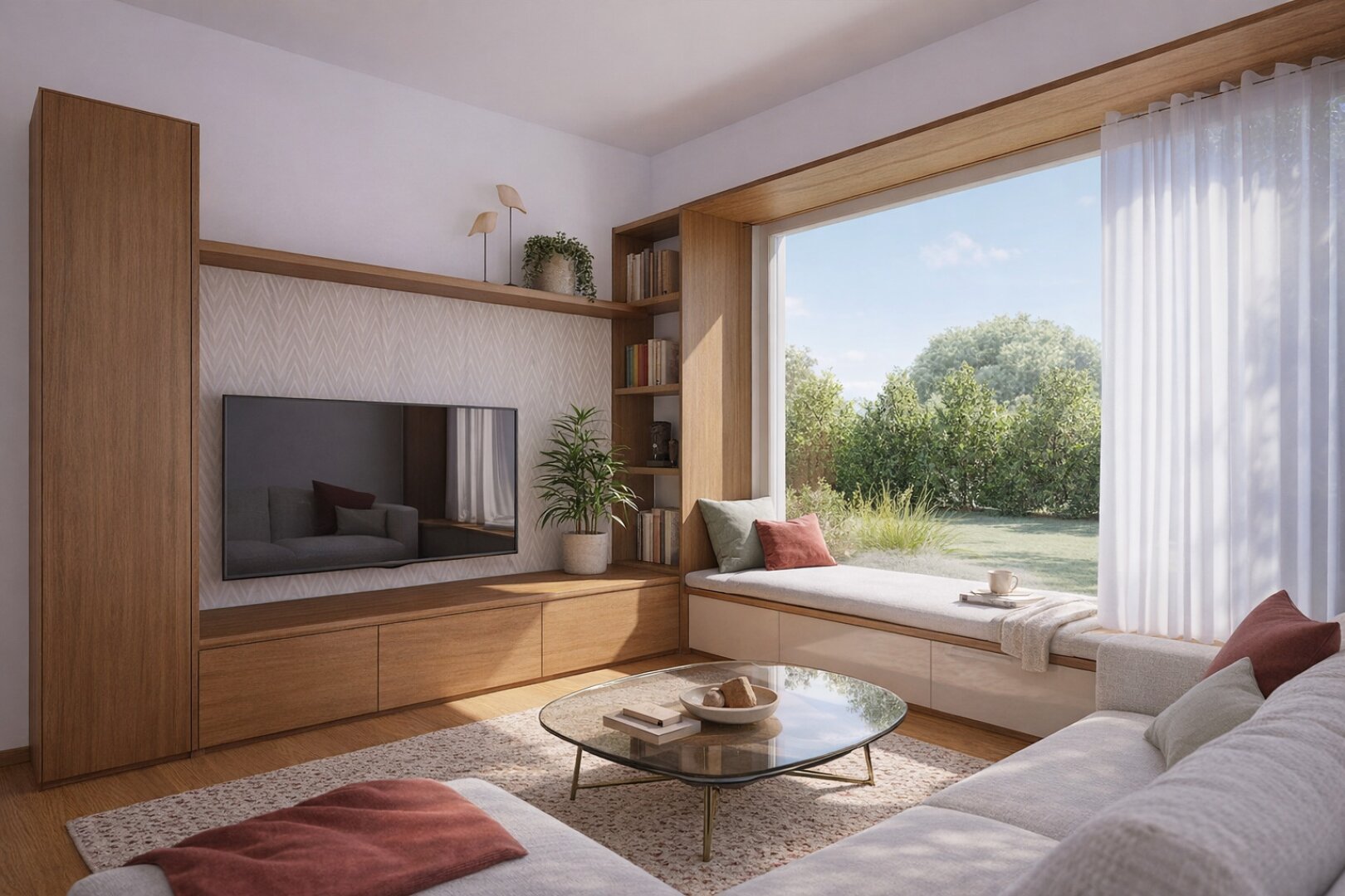 Ein modernes Wohnzimmer mit Holzmöbeln, einem eingebauten Regal, einem Fernseher, Topfpflanzen, einer großen Fensterbank mit Kissen, einem Couchtisch aus Glas und einem Sofa. Durch ein großes Fenster mit Blick auf den Garten strömt Sonnenlicht herein.