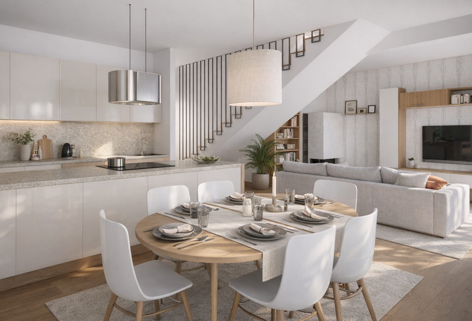 Moderner offener Wohnbereich mit Küche, Essbereich mit rundem Holztisch für vier Personen und weißen Stühlen sowie einem gemütlichen Wohnzimmer mit Sofa, Treppe und neutralen Farbtönen.